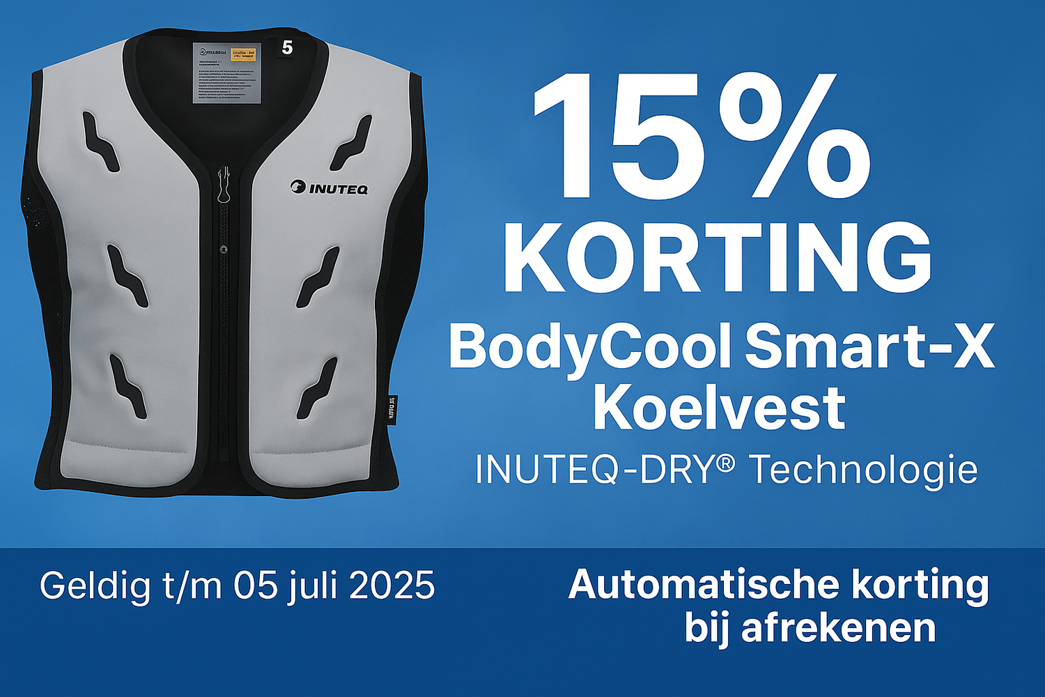 Bijgewerkte promotionele banner voor 15% korting op BodyCool Smart-X Koelvest met nieuwe einddatum