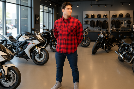 Generated image of model in motorcycle shop